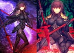 Rule 34 | 1girl, armor, bodysuit, breasts, circlet, dual wielding, expressionless, fate/grand order, fate (series), flower, forest, gae bolg (fate), hair between eyes, holding, jpeg artifacts, koyama hirokazu, large breasts, lightning, long hair, nature, official art, pauldrons, plant, scathach (fate), scathach (fate), shoulder armor, shoulder pads, sitting, skin tight, spider lily, tiara, tree, veil, very long hair, wariza, weapon