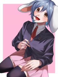 Rule 34 | 1girl, :d, absurdres, animal ears, black jacket, black thighhighs, blazer, blue hair, blush, breasts, brown eyes, collared shirt, commentary request, crescent, crescent pin, dutch angle, fingernails, full body, hair between eyes, highres, jacket, long bangs, long sleeves, looking at viewer, lower teeth only, nasu1225, necktie, open mouth, pink background, pink skirt, pleated skirt, rabbit ears, rabbit girl, red necktie, reisen (touhou bougetsushou), seiza, shirt, short hair, simple background, sitting, skirt, small breasts, smile, solo, teeth, thighhighs, touhou, two-tone background, white background, white shirt