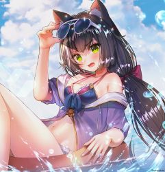 Rule 34 | animal ears, black hair, cat ears, cat girl, cat tail, detached sleeves, dress, green eyes, halterneck, hanato (seonoaiko), highres, innertube, innertube with ears, karyl (princess connect!), karyl (summer) (princess connect!), low twintails, multicolored hair, princess connect!, sleeveless, sleeveless dress, solo, sunglasses, sunglasses on head, swim ring, swimsuit, tail, thighhighs, twintails