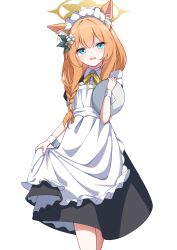 Rule 34 | 1girl, absurdres, alternate costume, animal ear fluff, animal ears, apron, black dress, blue archive, braid, cowboy shot, dress, enmaided, flower, fox ears, fox girl, frilled apron, frills, hair flower, hair ornament, halo, head tilt, highres, kabocya na, looking at viewer, maid, maid apron, maid headdress, mari (blue archive), narrowed eyes, neck ribbon, open mouth, orange hair, puffy short sleeves, puffy sleeves, ribbon, short sleeves, side braid, simple background, smile, solo, white apron, white background, wrist cuffs, yellow ribbon