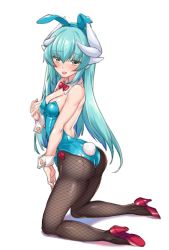 Rule 34 | 1girl, animal ears, aqua hair, ass, black pantyhose, blue leotard, bow, bowtie, breasts, detached collar, dragon horns, fake animal ears, fate/grand order, fate (series), fishnet pantyhose, fishnets, full body, high heels, horns, kiyohime (fate), kneeling, leotard, long hair, looking at viewer, pantyhose, playboy bunny, rabbit ears, rabbit tail, red bow, red bowtie, red footwear, shirokuma a, simple background, small breasts, solo, strapless, strapless leotard, tail, very long hair, white background, wrist cuffs, yellow eyes