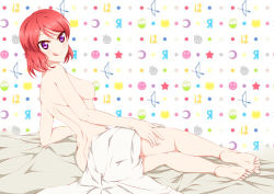Rule 34 | 10s, 1girl, :p, absurdres, ass, back, barefoot, blush, breasts, completely nude, feet, highres, love live!, love live! school idol project, lying, nipples, nishikino maki, nude, on side, polka dot, polka dot background, purple eyes, red hair, short hair, soles, solo, toe scrunch, toes, tongue, tongue out, zypzyp1515