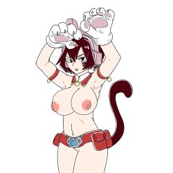 Rule 34 | 10s, 1girl, :o, absurdres, animal ears, animal hands, armpits, arms up, belt, boku no hero academia, breasts, brown hair, cat ears, cat paws, cat tail, cowboy shot, fake animal ears, headphones, highres, large breasts, mandalay (boku no hero academia), nipples, open mouth, paw pose, pouch, short hair, simple background, tail, white background
