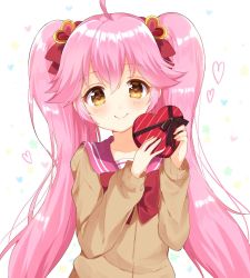 Rule 34 | #compass, 1girl, ahoge, bow, bowtie, box, brown cardigan, cardigan, character request, copyright request, gift, gift box, hair bow, hair ornament, heart, heart-shaped box, heart hair ornament, heart in eye, highres, holding, holding gift, long hair, long sleeves, looking at viewer, nameneko (124), pink hair, pink sailor collar, red bow, red bowtie, ririka (#compass), sailor collar, school uniform, sidelocks, smile, solo, symbol in eye, twintails, upper body, very long hair, yellow eyes