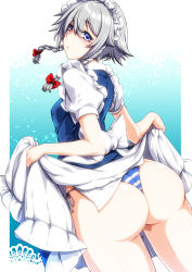 Rule 34 | 1girl, apron, ass, blue eyes, bow, braid, clothes lift, dress, dress lift, ebido, frilled apron, frilled skirt, frills, from behind, hair bow, highres, izayoi sakuya, lifted by self, looking back, maid, maid apron, maid headdress, medium hair, panties, puffy short sleeves, puffy sleeves, short sleeves, side-tie panties, silver hair, skirt, solo, striped clothes, striped panties, touhou, twin braids, underwear