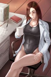Rule 34 | 1girl, breasts, cleavage, coffee, desk, highres, ieiri shoko, jujutsu kaisen, large breasts, long hair, long sleeves, solo, swimsuit, thick thighs, thighs