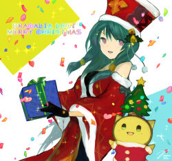 Rule 34 | 1girl, :d, black gloves, box, christmas, confetti, dragalia lost, fur trim, gift, gift box, gloves, green hair, hat, highres, hildegarde (dragalia lost), holding, holding gift, long hair, long sleeves, looking at viewer, merry christmas, open mouth, pink eyes, pipple (dragalia lost), red robe, robe, smile, takasaka light, wide sleeves