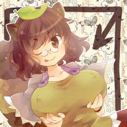 Rule 34 | 1girl, animal ears, arrow (symbol), breast hold, breasts, brown eyes, brown hair, covered erect nipples, female focus, futatsuiwa mamizou, glasses, large breasts, leaf, leaf on head, object on head, one eye closed, pince-nez, raccoon ears, raccoon tail, sen1986, short hair, solo, tail, tongue, tongue out, touhou, upper body, wink