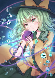 Rule 34 | 1girl, air bubble, arms up, black hat, blurry, blurry background, bubble, collar, expressionless, frilled shirt collar, frilled sleeves, frills, green collar, green eyes, green hair, green skirt, hat, hat ribbon, head tilt, heart, heart-shaped pupils, holding, jaku sono, komeiji koishi, long sleeves, looking to the side, medium hair, ribbon, shirt, skirt, solo, symbol-shaped pupils, tearing up, third eye, touhou, underwater, upper body, wide sleeves, yellow shirt