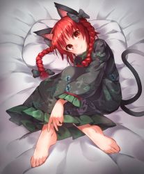 Rule 34 | 1girl, :&gt;, animal ears, asrielchu, barefoot, black bow, bow, braid, cat ears, cat tail, commentary request, dress, feet, frilled dress, frilled sleeves, frills, green dress, hair bow, highres, juliet sleeves, kaenbyou rin, long hair, long sleeves, looking at viewer, lying, multiple tails, nekomata, on bed, pillow, puffy sleeves, red eyes, red hair, smile, tail, touhou, twin braids