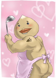 Rule 34 | apron, ass, back, blue eyes, blush, border, colored skin, commentary request, goron, heart, holding, ladle, looking at viewer, naked apron, nintendo, no humans, pink background, simple background, smile, tattoo, the legend of zelda, the legend of zelda: ocarina of time, wasabi (legemd), white border, yellow skin
