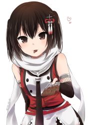 Rule 34 | 10s, 1girl, arm behind back, black gloves, black neckerchief, blush, brown eyes, brown hair, candy, chocolate, chocolate bar, closed mouth, cowboy shot, elbow gloves, eyebrows, fingerless gloves, food, food in mouth, gloves, hair ornament, heart, holding, holding food, ica, kantai collection, looking at viewer, mouth hold, neckerchief, scarf, school uniform, sendai (kancolle), sendai kai ni (kancolle), serafuku, simple background, sleeveless, solo, twitter username, two side up, white background, white scarf