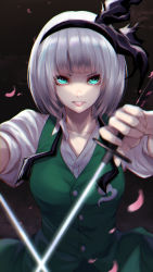 Rule 34 | 1girl, arms up, black background, black hairband, breasts, buttons, collar, dress, ghost print, green dress, green eyes, hairband, hands up, katana, konpaku youmu, looking at viewer, medium breasts, petals, puffy short sleeves, puffy sleeves, re (re 09), short hair, short sleeves, silver hair, solo, sword, teeth, touhou, weapon, white collar, white sleeves