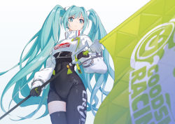 Rule 34 | 1girl, absurdres, arukiru, black gloves, black thighhighs, blue eyes, blue hair, closed mouth, covered navel, flag, gloves, gradient background, green gloves, hatsune miku, highres, holding, holding flag, long hair, multicolored clothes, multicolored gloves, racing miku, racing miku (2022), see-through, single thighhigh, skindentation, solo, thighhighs, twintails, two-tone gloves, very long hair, vocaloid