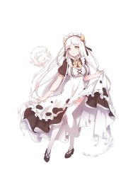 Rule 34 | 1girl, animal print, apron, bottle, bow, bowtie, breasts, brown dress, brown footwear, cow girl, cow horns, cow print, cross-laced clothes, dress, expressionless, food fantasy, frilled apron, frilled sleeves, frills, full body, grey eyes, high heels, highres, horns, knees together feet apart, large breasts, layered dress, liquid clothes, long hair, looking to the side, maid headdress, milk, milk (food fantasy), milk bottle, mole, mole under eye, official art, parted bangs, puffy short sleeves, puffy sleeves, pumps, second-party source, short sleeves, skirt hold, solo, thighhighs, transparent background, white apron, white hair, white thighhighs, yellow bow, yellow bowtie