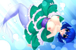 Rule 34 | 1girl, blue eyes, blue hair, breasts, breasts out, bubble, collarbone, fins, fish tail, head fins, japanese clothes, kimono, matching hair/eyes, mermaid, monster girl, nipples, sash, solo, tail, tamano nae, touhou, underwater, wakasagihime