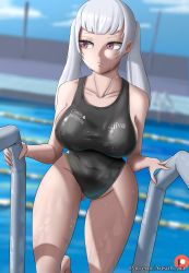 Rule 34 | absurdres, ausoh, black clover, breasts, highres, large breasts, looking to the side, no bra, no panties, noelle silva, purple eyes, silver hair, swimsuit, thick thighs, thighs, twintails, water, wet