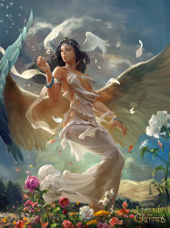 Rule 34 | 1girl, armlet, bare shoulders, barefoot, black hair, blowing, bracelet, breasts, cloud, copyright name, crowgod, dandelion, dress, feathered wings, flower, head wings, head wreath, highres, hip focus, jewelry, legend of the cryptids, lily (flower), long hair, mountain, necklace, peony (flower), petals, ranunculus, rose, solo, white dress, wings, zinnia