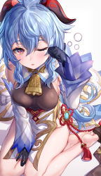 Rule 34 | 1girl, ;o, ahoge, bare shoulders, barefoot, bell, black gloves, blue hair, breasts, brown leotard, cowbell, detached collar, detached sleeves, from above, ganyu (genshin impact), genshin impact, gloves, goat horns, gold trim, hand up, highres, horns, katoroku, leotard, long hair, long sleeves, looking at viewer, medium breasts, no legwear, one eye closed, parted lips, pelvic curtain, red eyes, simple background, sitting, solo, thighs, very long hair, white background, yokozuwari