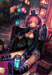 Rule 34 | 1girl, balloon, black cat, book, boots, breasts, candy, cat, cleavage, cleavage cutout, clock, clothing cutout, clubs, corset, cross-laced clothes, diamond (shape), dress, dutch angle, eyepatch, food, gem, hat, heart, highres, jewelry, knee boots, lantern, lollipop, long sleeves, looking at viewer, medium breasts, mini hat, mini top hat, mouth hold, necklace, night, on ground, organ derwald, original, outdoors, panties, pantyshot, pectorals, pendant, pink hair, red eyes, ring, scroll, shoe soles, short dress, sign, sitting, sleeves past wrists, solo, spade, stairs, suitcase, top hat, town, treasure chest, twintails, underwear, unworn jewelry, wheel, wing collar