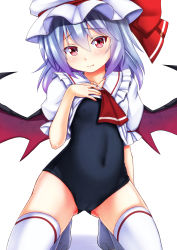 Rule 34 | 1girl, ascot, bat wings, blue hair, blush, cameltoe, clothes lift, collarbone, commentary request, covered navel, ebi 193, fang, hat, hat ribbon, kneeling, mob cap, one-piece swimsuit, pink eyes, puffy short sleeves, puffy sleeves, remilia scarlet, ribbon, school swimsuit, shirt lift, short sleeves, solo, swimsuit, swimsuit under clothes, thighhighs, touhou, white thighhighs, wings