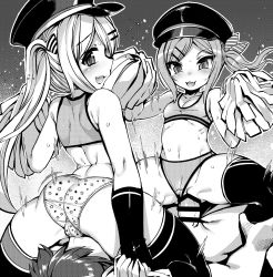 Rule 34 | 1boy, 2girls, ass, azur lane, bad id, bad twitter id, bra, censored, cleft of venus, commentary request, fang, ffm threesome, gloves, greyscale, group sex, hair ornament, hairclip, harigane shinshi, hat, highres, long hair, monochrome, multiple girls, navel, open mouth, panties, penis, pom pom (cheerleading), reverse spitroast, sex, sitting, sitting on face, sitting on person, straddling, thighhighs, threesome, training bra, twintails, underwear, underwear only, vaginal, z18 (azur lane), z20 karl galster (azur lane)