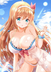 Rule 34 | 1girl, ahoge, bikini, blue eyes, blush, breasts, cleavage, gluteal fold, hair between eyes, highres, large breasts, long hair, looking at viewer, navel, open mouth, orange hair, outdoors, pecorine (princess connect!), pecorine (summer) (princess connect!), princess connect!, red ribbon, ribbon, solo, swimsuit, very long hair, water, white bikini, xenon (for achieve)