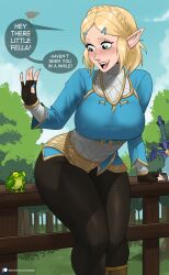 Rule 34 | 1boy, 1girl, absurdres, alternate breast size, blonde hair, braid, breasts, covered erect nipples, crown braid, echo saber, english text, fingerless gloves, gloves, green eyes, hair ornament, hairclip, highres, large breasts, link, long sleeves, nintendo, open mouth, parted bangs, pointy ears, princess zelda, short hair, skin tight, solo focus, the legend of zelda, the legend of zelda: breath of the wild, the legend of zelda: tears of the kingdom, thick thighs, thighs, triforce, wide hips