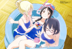 Rule 34 | 10s, 3girls, :d, absurdres, annoyed, asobi asobase, bare legs, bare shoulders, black hair, blonde hair, blue one-piece swimsuit, blush, breasts, brown-framed eyewear, brown eyes, closed eyes, collarbone, colored eyelashes, competition school swimsuit, day, diving mask, diving mask on head, embarrassed, fingernails, from above, glasses, goggles, goggles on head, hair between eyes, half-closed eyes, highres, holding, honda hanako, indoors, itou mayuka, large breasts, long hair, looking at another, looking at viewer, low twintails, magazine scan, marble (toy), megami magazine, multiple girls, nomura kasumi, official art, olivia (asobi asobase), one-piece swimsuit, open mouth, outdoors, parted bangs, partially submerged, pink-framed eyewear, ponytail, scan, school swimsuit, semi-rimless eyewear, short hair, sitting, skindentation, small breasts, smile, swimsuit, tongue, twintails, wading pool, wide-eyed, wooden floor