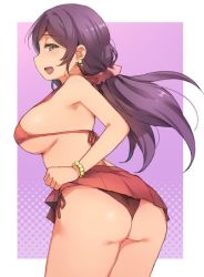 Rule 34 | 1girl, :d, ass, bikini, bikini skirt, bracelet, breasts, clenched hand, clothes lift, duke (inu daimyou), earrings, green eyes, hair ornament, hair scrunchie, half-closed eyes, halterneck, jewelry, large breasts, lifted by self, long hair, looking at viewer, love live!, love live! school idol project, open mouth, pink scrunchie, purple background, purple hair, red bikini, scrunchie, side-tie bikini bottom, sideboob, skirt, skirt lift, smile, solo, swimsuit, tojo nozomi, twintails