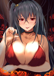 Rule 34 | 1girl, :p, ahoge, azur lane, black hair, blush, breast hold, breasts, choker, cleavage, collarbone, dress, hair ornament, kanzaki kureha, large breasts, long hair, looking at viewer, nail polish, official alternate costume, one side up, red dress, red eyes, smile, solo, strap pull, taihou (azur lane), taihou (forbidden feast) (azur lane), tongue, tongue out
