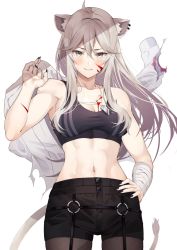 Rule 34 | 1girl, abs, animal ear fluff, animal ears, bandaged arm, bandages, black nails, black pantyhose, black shorts, black sports bra, blood, blood on face, breasts, commentary request, cowboy shot, dog tags, ear piercing, fingernails, grey eyes, grey hair, hair between eyes, hand on own hip, highres, holding, holding clothes, holding shirt, hololive, injury, lion ears, lion girl, lion tail, long fingernails, long hair, looking at viewer, medium breasts, midriff, nail polish, navel, official alternate costume, pantyhose, piercing, sharp fingernails, shirt, shishiro botan, shishiro botan (button-down), short shorts, shorts, simple background, smile, solo, sports bra, standing, tail, virtual youtuber, white background, white shirt, yuya (yuya illust)