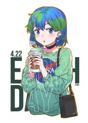 Rule 34 | 1girl, bag, blue eyes, blue hair, blush, coffee cup, cup, dated, disposable cup, earrings, earth-chan, green hair, handbag, highres, holding, holding cup, jewelry, looking at viewer, multicolored hair, nasa logo, original, short hair, solo, steam, tsukino (nakajimaseiki), two-tone hair, white background