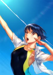 Rule 34 | blue hair, breasts, collarbone, competition swimsuit, mana30row, one-piece swimsuit, open mouth, original, red eyes, shirt, short hair, solo, swimsuit