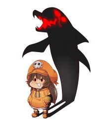 Rule 34 | 1girl, absurdres, brown hair, cabbie hat, chibi, different shadow, guilty gear, guilty gear strive, hands in pockets, hat, highres, hood, hoodie, long hair, may (guilty gear), mil17459623, mr. dolphin (guilty gear), orange headwear, orange hoodie, shadow, white background