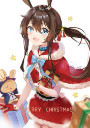 Rule 34 | 1girl, :3, :d, absurdres, alternate costume, amiya (arknights), animal ears, arknights, arm up, belt, blouse, blue bow, blue choker, blue eyes, blush, bow, brown hair, buttons, capelet, check commentary, chenmu sora, choker, christmas, commentary, commentary request, ear tag, english commentary, fur-trimmed gloves, fur-trimmed skirt, fur trim, gift, gloves, hair between eyes, hair bow, happy, highres, horse ears, horse girl, merry christmas, open mouth, ponytail, rabbit, red bow, red capelet, red gloves, red ribbon, red skirt, ribbon, shirt, simple background, skirt, smile, solo, standing, star (symbol), striped, striped bow, stuffed animal, stuffed toy, teddy bear, white background, white shirt