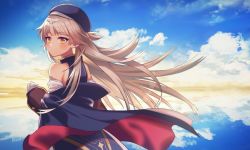 Rule 34 | 1girl, azur lane, beret, blue dress, blue hat, blue jacket, blue sky, blush, brown eyes, closed mouth, cloud, cloudy sky, commentary request, dated, day, dress, edajima denki, gloves, hat, headpiece, horizon, jacket, light brown hair, long hair, long sleeves, looking at viewer, looking back, mole, mole under eye, ocean, off shoulder, open clothes, open jacket, outdoors, puffy long sleeves, puffy sleeves, reflection, signature, sky, sleeveless, sleeveless dress, solo, very long hair, water, white gloves, z46 (azur lane)