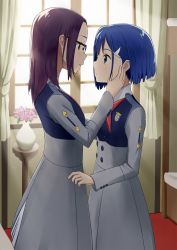 Rule 34 | 10s, 2girls, :o, black-framed eyewear, blue hair, blush, breasts, couple, darling in the franxx, dress, dress uniform, eye contact, female focus, glasses, green eyes, hair down, hair ornament, hairclip, hand on another&#039;s face, ichigo (darling in the franxx), ikuno (darling in the franxx), indoors, long hair, long sleeves, looking at another, multiple girls, neonio, purple hair, short hair, standing, uniform, window, yuri