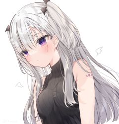 Rule 34 | 1girl, bad id, bad pixiv id, bare shoulders, black sweater, blush, closed mouth, commentary request, hair between eyes, highres, looking away, mafuyu (chibi21), original, purple eyes, ribbed sweater, silver hair, simple background, sleeveless, sleeveless sweater, sleeveless turtleneck, solo, sweater, turtleneck, turtleneck sweater, two side up, upper body, white background, wing hair ornament