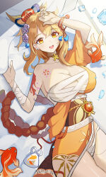 Rule 34 | 1girl, absurdres, arm tattoo, bandages, bell, blonde hair, breasts, choker, cleavage, earrings, fireworks, genshin impact, hair bell, hair bun, hair ornament, highres, ice, jewelry, koi, large breasts, looking at viewer, niunai, on bed, open mouth, orange bracelet, orange eyes, pouch, sarashi, smile, solo, star (symbol), star choker, tattoo, yoimiya (genshin impact)