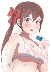 Rule 34 | 1girl, absurdres, bad id, bad pixiv id, bare shoulders, bikini, blush, bow, breasts, brown hair, cleavage, covered erect nipples, food, hair between eyes, hair bow, highres, holding, long hair, looking at viewer, macaron, medium breasts, original, parted lips, red bow, red eyes, side ponytail, sidelocks, simple background, solo, surio, swimsuit, teeth, upper teeth only, very long hair, white bikini