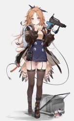 Rule 34 | 1girl, absurdres, arknights, bag, black eyes, black footwear, black thighhighs, blue skirt, blush, boots, breasts, brown hair, full body, garter straps, gun, highres, holding, holding weapon, jacket, long hair, long sleeves, looking at viewer, medium breasts, nail gun, open clothes, open jacket, pinecone (arknights), red pupils, simple background, skirt, solo, standing, suashi, thighhighs, turtleneck, weapon, white background