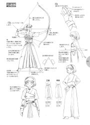 Rule 34 | 1girl, ;d, absurdres, archery, bow, bow (weapon), character sheet, drawing bow, gloves, hairband, highres, holding bow (weapon), image sample, japanese clothes, kyuudou, monochrome, muneate, one eye closed, open mouth, partially fingerless gloves, partly fingerless gloves, short hair, single glove, smile, tabi, translation request, weapon, yugake