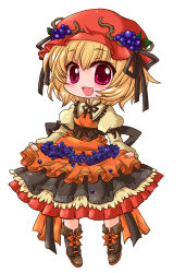 Rule 34 | 1girl, aki minoriko, apron, armband, blonde hair, bodice, boots, chibi, chino (ch no), dress, food, food-themed clothes, fruit, full body, grapes, hat, hat ribbon, juliet sleeves, layered dress, long sleeves, mob cap, open mouth, puffy sleeves, ribbon, short hair, simple background, skirt basket, skirt hold, solo, touhou, white background