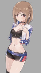 Rule 34 | 1girl, alice gear aegis, belt, black choker, black shirt, black shorts, braid, breasts, brown hair, choker, collarbone, cowboy shot, crop top, cropped jacket, epi zero, grey background, highres, jacket, long sleeves, looking at viewer, medium breasts, midriff, navel, open clothes, open jacket, race queen, red eyes, shirt, short hair, short shorts, shorts, sidelocks, simple background, smile, solo, standing, stomach, sutegoro shiina, thighs, white jacket