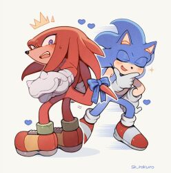 Rule 34 | 2boys, animal ears, artist name, blue bow, blue fur, bow, furry, furry male, gloves, heart, highres, knuckles the echidna, multiple boys, open mouth, purple eyes, red footwear, red fur, shoes, simple background, sk rokuro, sonic (series), sonic the hedgehog, tail, tail bow, tail ornament, teeth, two-tone footwear, upper teeth only, white background, white footwear, white gloves, yellow footwear