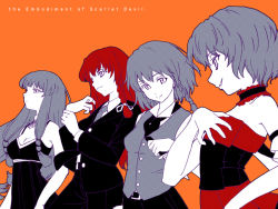 Rule 34 | 4girls, aka ringo, alternate costume, azuma shoujuan, contemporary, dress, embodiment of scarlet devil, female focus, formal, hand on another&#039;s chest, hand on own chest, hong meiling, izayoi sakuya, monochrome, multiple girls, no headwear, orange background, pant suit, pants, patchouli knowledge, remilia scarlet, simple background, spot color, suit, touhou