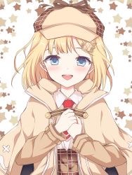 Rule 34 | 1girl, ayamisiro, blonde hair, blue eyes, breasts, hair ornament, hat, highres, hololive, hololive english, looking at viewer, necktie, open mouth, red necktie, shirt, skirt, smile, solo, virtual youtuber, watson amelia, watson amelia (1st costume), white shirt