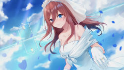 Rule 34 | 1girl, akitsuki (oenothera), bare shoulders, bell, blue background, blue eyes, blush, breasts, bridal veil, brown hair, cleavage, closed mouth, cloud, collarbone, dress, eyes visible through hair, falling petals, female focus, floating hair, gloves, go-toubun no hanayome, hair between eyes, hand up, highres, jewelry, long hair, medium breasts, nakano miku, neck, off-shoulder dress, off shoulder, petals, reflection, ring, sky, smile, solo, upper body, veil, wedding dress, white dress, white gloves