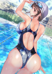Rule 34 | 1girl, absurdres, arm at side, arm up, ass, back, black hair, blue sky, blunt bangs, blush, breasts, building, chain-link fence, city, cloud, commentary request, competition swimsuit, day, embarrassed, fence, goggles, goggles on head, highleg, highres, large breasts, mole, mole under eye, ogata tei, one-piece swimsuit, original, outdoors, parted lips, pool, pool ladder, reflection, short hair, shoulder blades, sideboob, sidelocks, sky, solo, standing, swim cap, swimsuit, thighs, wet, window